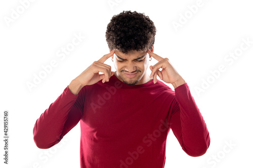 Cute african american man with afro hairstyle wearing a burgundy T-shirt