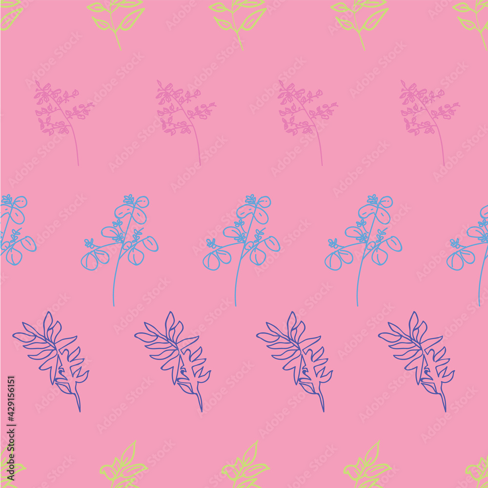 Vector pink background herbs, leaf, flowers and plants texture seamless pattern. Seamless pattern background