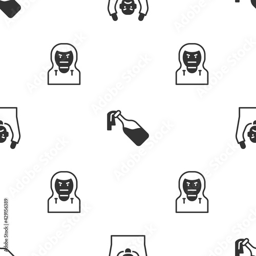 Set Thief surrendering hands up, Cocktail molotov and mask on seamless pattern. Vector