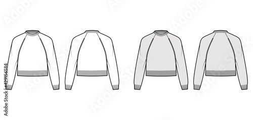 Cropped Fisherman Sweater technical fashion illustration with rib crewneck, long raglan sleeves, relax body, knit trim. Flat jumper apparel front, back, white grey color style. Women men CAD mockup