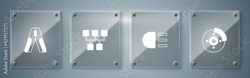 Set Car brake disk with caliper, High beam, Gear shifter and battery jumper power cable. Square glass panels. Vector