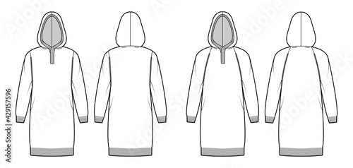 Set of Hooded dresses Sweaters technical fashion illustration with henley neck  long raglan sleeves  relax fit  knee length  knit rib trim. Flat apparel front  back  white color. Women  men CAD mockup