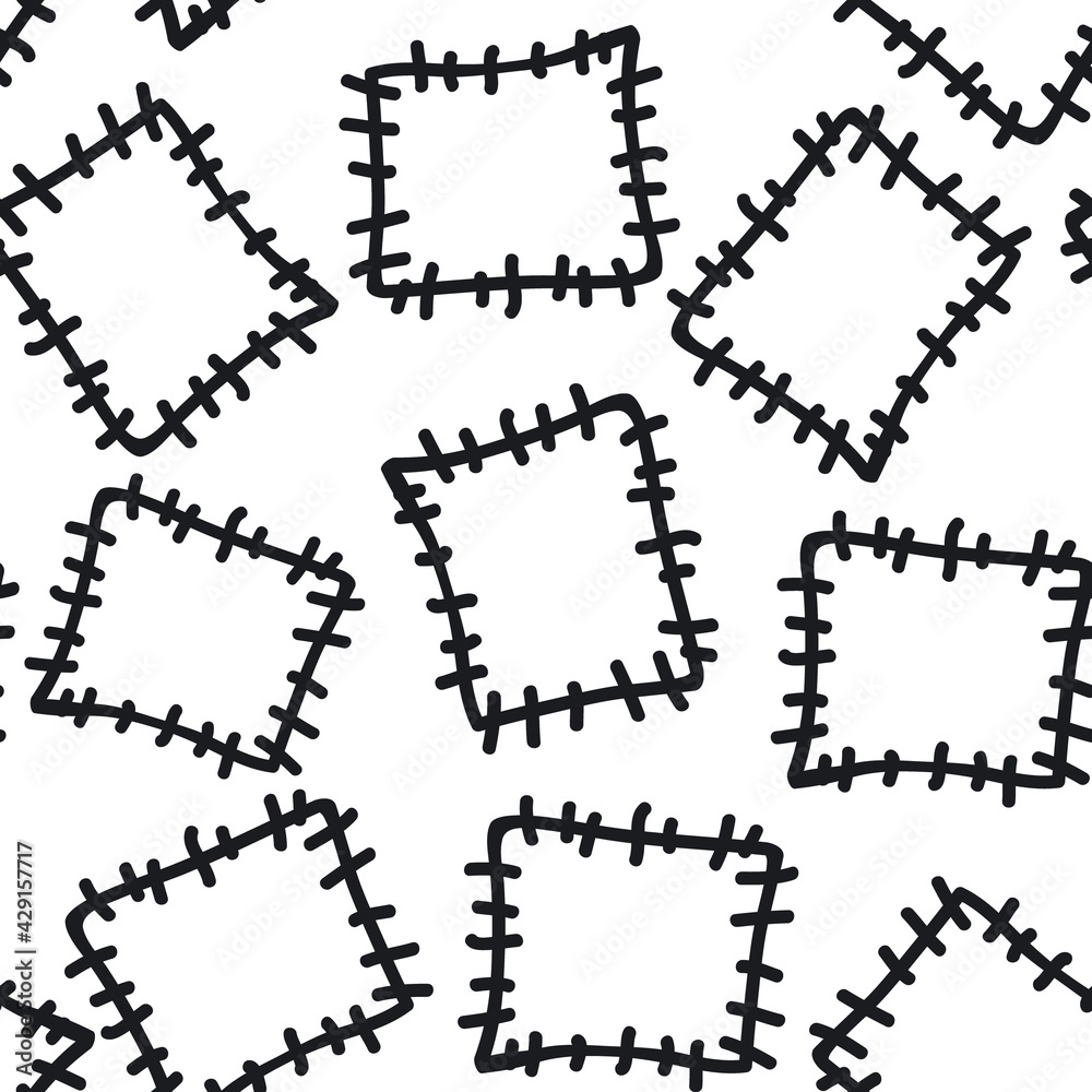 black and white seamless pattern with stylized patches, endless repeatable texture