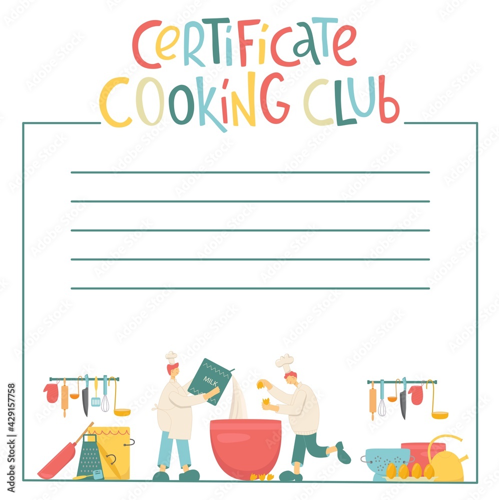 Certificate cooking club, cook chef with hat, uniform cooking in  professional kitchen restaurant. Vector stock illustration isolated on  white background for web site, poster, online school, diploma. E Stock  Vector | Adobe