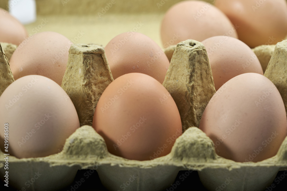 Close-up of eggs in cartoon on white background. Raw chicken eggs in egg box organic food for good health high protein .