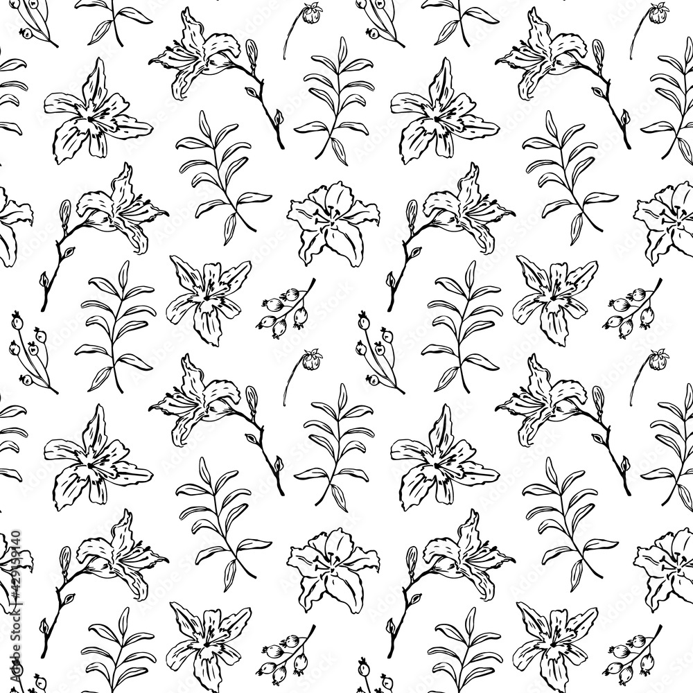 black and white outlined sketchy lilies and leaf branches floral seamless pattern, endless repeatable flower texture