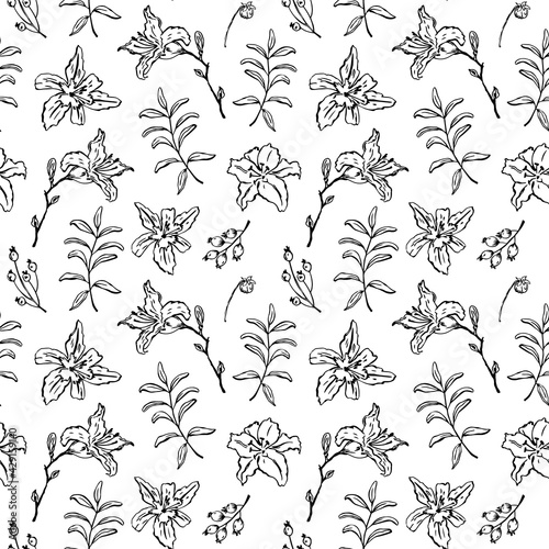 black and white outlined sketchy lilies and leaf branches floral seamless pattern, endless repeatable flower texture © VecTerrain
