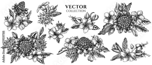 Flower bouquet of black and white plumeria, allamanda, clerodendrum, champak, etlingera, ixora