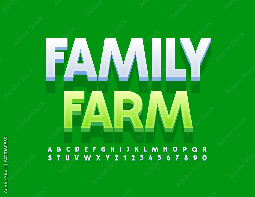 Vector modern emblem Family Farm. 3D White Font. Stylish set of Alphabet Letters and Numbers