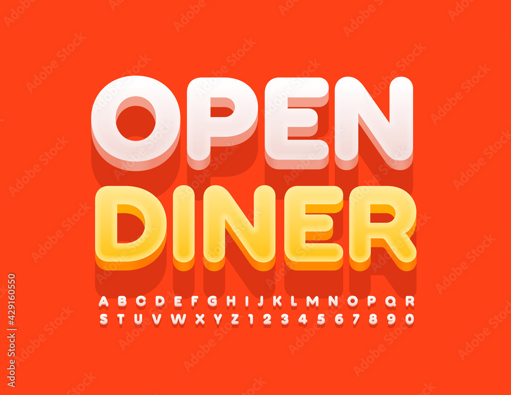 Vector advertising sign Open Diner. Creative 3D Font. Modern White  Alphabet Letters and Numbers set