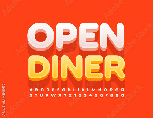 Vector advertising sign Open Diner. Creative 3D Font. Modern White  Alphabet Letters and Numbers set