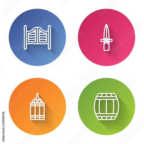 Set line Saloon door, Dagger, Dynamite bomb and Gun powder barrel. Color circle button. Vector