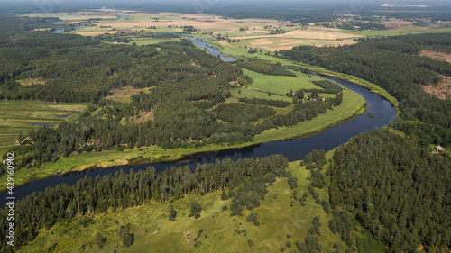 Aerial view of beautiful river bends and forests on a sunny summer day. 