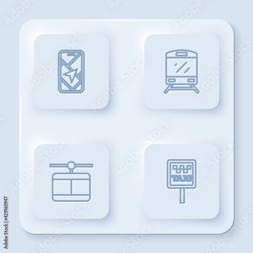 Set line City map navigation, Train, Cable car and Road sign for taxi stand. White square button. Vector