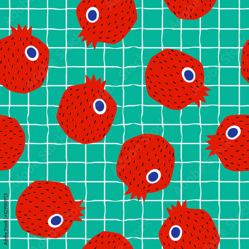 Seamless pattern with cartoon pomegranate. Vector hand drawn illustration.