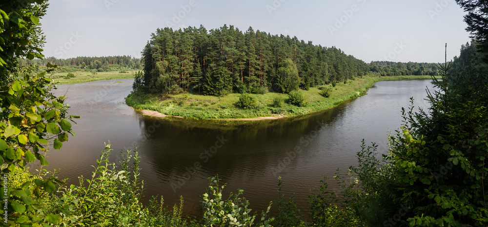 Beautiful river bend and forests on a sunny summer day.