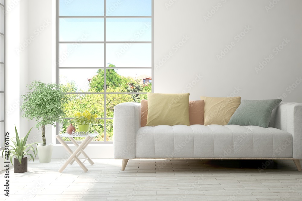 White living room with sofa and summer landscape in window. Scandinavian interior design. 3D illustration
