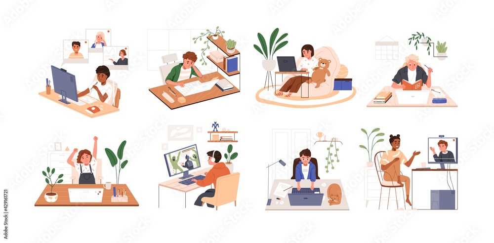 Set of children using PC and laptops. Kids playing computer games, coding, studying and chatting with friends online. Colored flat vector illustration of boys and girls isolated on white background - obrazy, fototapety, plakaty 