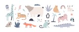 Cute jungle animals in Scandinavian style. Children's set of funny alligator, nordic bear, fox, giraffe, koala, monkey, penguin, seal, tiger and cat. Colored flat vector illustration isolated on white