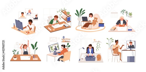 Set of children using PC and laptops. Kids playing computer games, coding, studying and chatting with friends online. Colored flat vector illustration of boys and girls isolated on white background