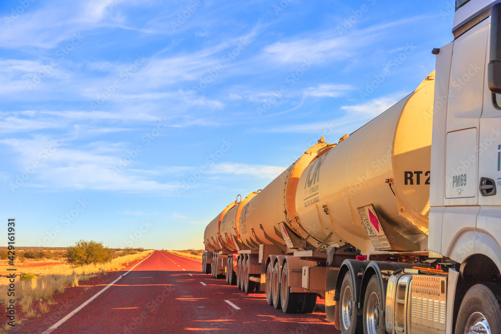 Northern Territory, Australia August 29, 2019 fuel roadtrain truck crossing the highways of
