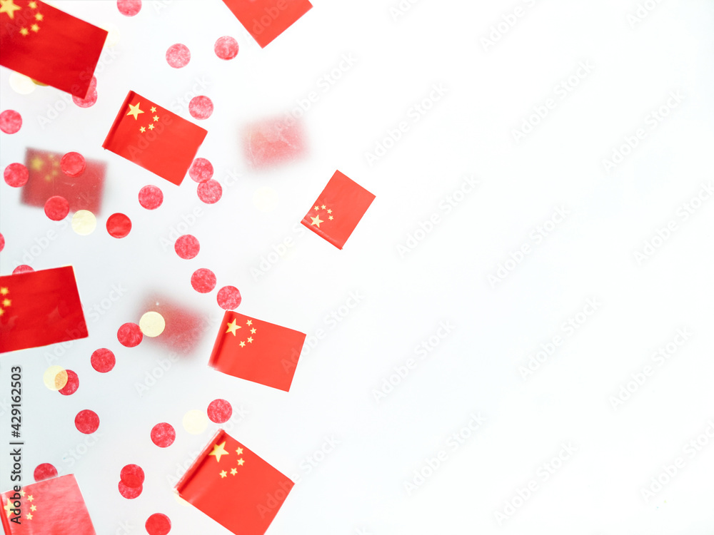 Day Formation People's Republic China. October 1. National holiday, concept freedom, patriotism and memory. Flags foggy background. Defocusing Day Formation People's Republic China. October 1. National holiday, concept freedom, patriotism and memory. Flags foggy background. Defocusing