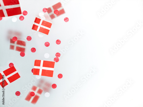 Denmark. June 5, constitution day, September 21, happy independence day, national holiday, flag foggy background. Dannebrog. Defocusing photo