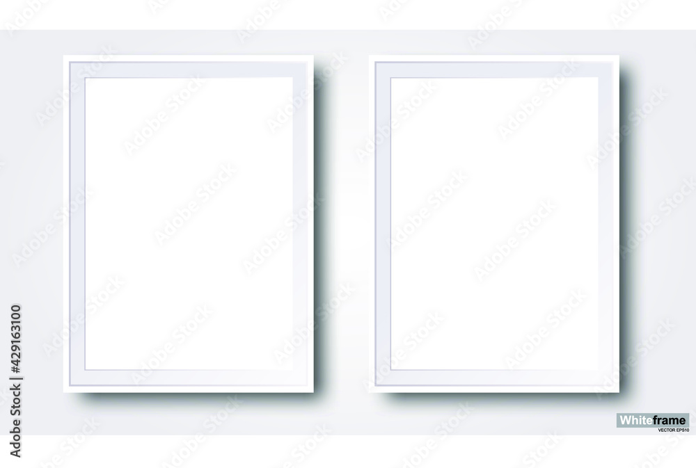 Two realistic blank white photo frames isolated on a central gray background vector EPS10 illustration. Two realistic blank white photo frames isolated on a central gray background vector EPS10 illustration.