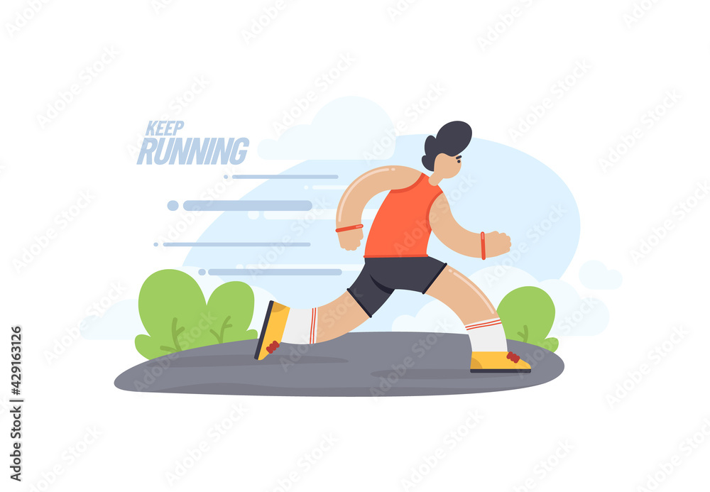Vector flat running man. Cartoon illustration of athlete run. Outdoor training.