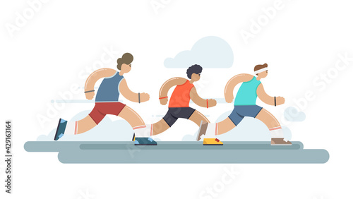 Vector illustration: Flat Marathon race group. Running competition.
