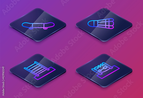 Set Isometric line Skateboard trick, Swedish wall, Badminton shuttlecock and Abacus. Blue square button. Vector