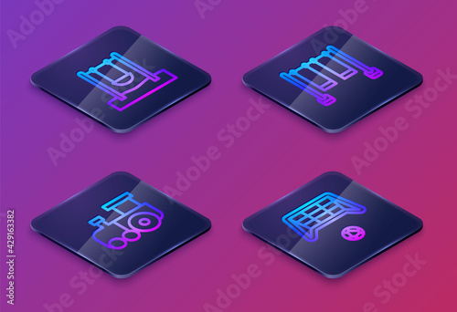 Set Isometric line Swing, Toy train, Double swing and Soccer goal with ball. Blue square button. Vector