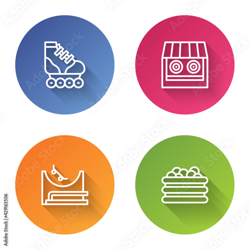 Set line Roller skate, Shooting gallery, Skate park and Pool with balls. Color circle button. Vector