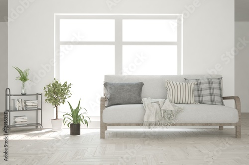 White living room with sofa. Scandinavian interior design. 3D illustration