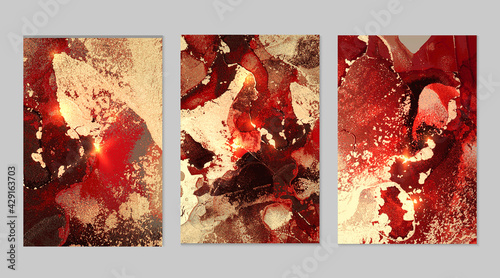 Set of marble patterns. Red, black and gold geode textures with glitter. Abstract vector background in alcohol ink technique. Modern paint with sparkles. Backdrops for banner, poster. Fluid art