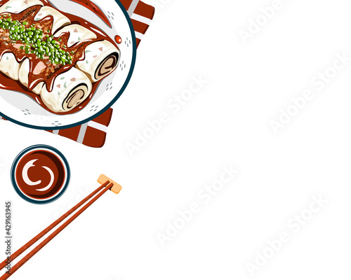 Set of steamed spring rolls with sauce and chopsticks on white background. Isolated asian food vector illustration. 