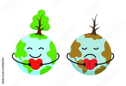 Vector Illustration of happy green and sad Earth with heart isolated on white background. Save the planet photo