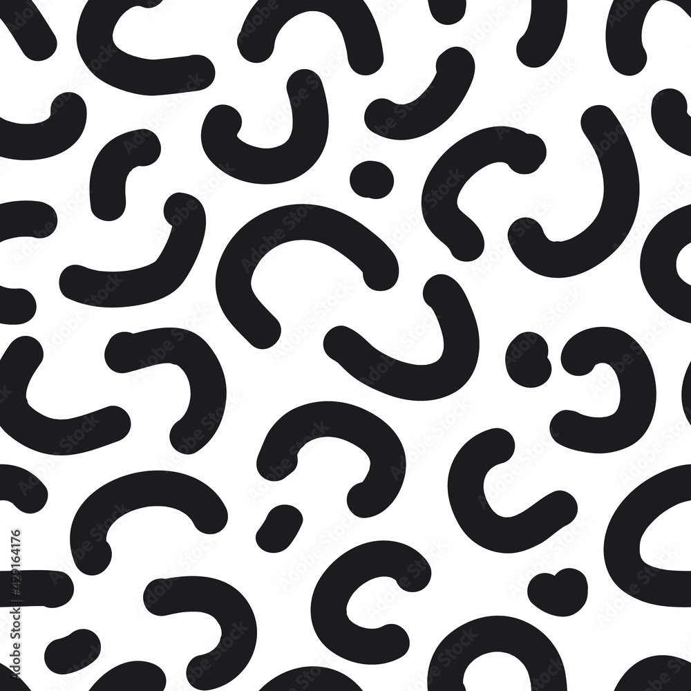 abstract quirky shapes black and white seamless pattern, endless repeatable texture