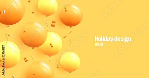 Festive background with helium round yellow balloons and confetti. Celebrate birthday poster, banner happy anniversary