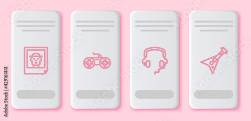 Set line Photo, Gamepad, Headphones and Electric bass guitar. White rectangle button. Vector