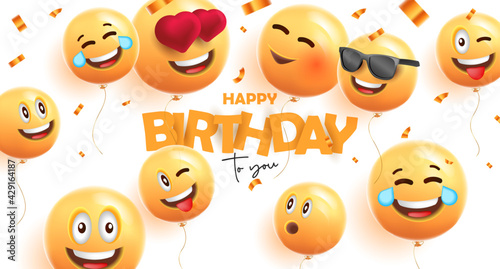 Birthday banner with festive 3d round balloons with happy smiles face expressions and confetti