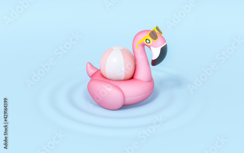 Pink Flamingo float, tropical bird shape inflatable swimming pool ring floating in a pool on pastel blue background 3d rendering. 3d illustration Summer and travel minimal concept. © Ongushi