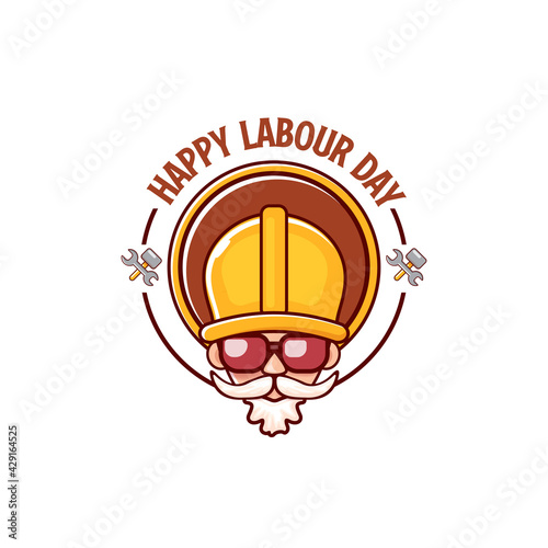 Happy labour day vector logo, label or stamp with funky worker on white background. vector happy labor day background or banner with man. workers may day poster