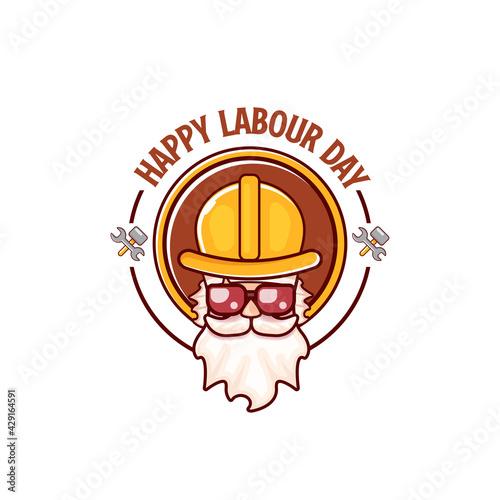Happy labour day vector logo, label or stamp with funky worker on white background. vector happy labor day background or banner with man. workers may day poster