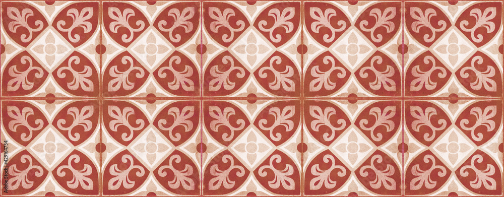 Seamless red white vintage worn shabby flower leaf print patchwork square motive mosaic tiles stone concrete cement wall texture background banner