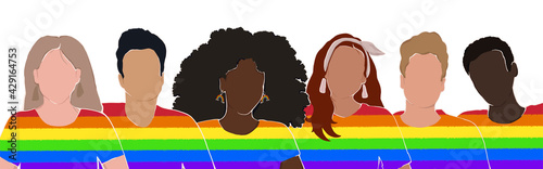 Diverse people from different ethnic groups stand together wearing rainbow-colored T-shirts. support for lgbt. human rights. poster, banner. vector flat illustration