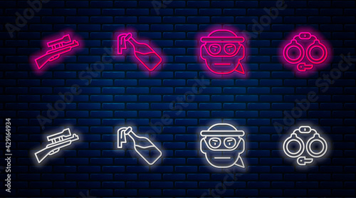 Set line Cocktail molotov, Bandit, Sniper rifle with scope and Handcuffs. Glowing neon icon on brick wall. Vector