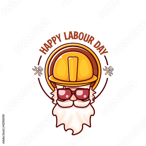 Happy labour day vector logo, label or stamp with funky worker on white background. vector happy labor day background or banner with man. workers may day poster