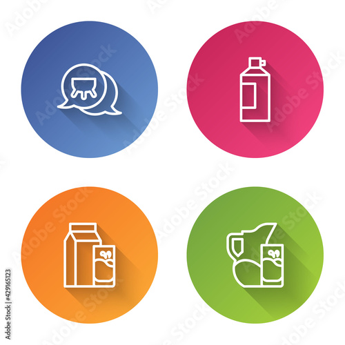 Set line Udder, Whipped cream in bottle, Paper package for kefir and Milk jug pitcher and glass. Color circle button. Vector