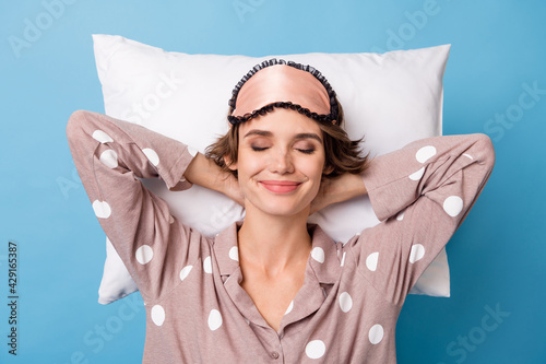 Cuadro en lienzo Top high above angle view photo of young dreamy smiling charming girl in eye mas